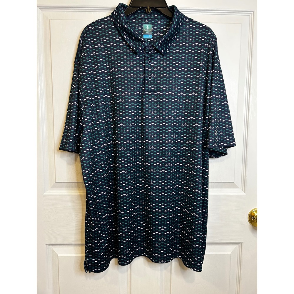 Pro Tour Coolplay Mens XXL Navy Blue Umbrella Print Golf Polo Shirt Short Sleeve